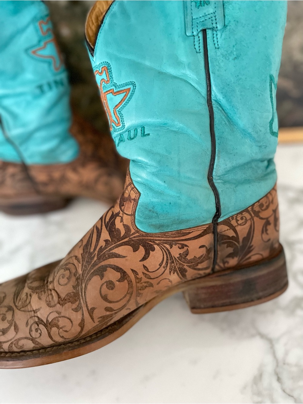 Tin Haul Womens Western Boots Turquoise Brown Floral Tooled Leather Size 10 - Picture 5 of 12
